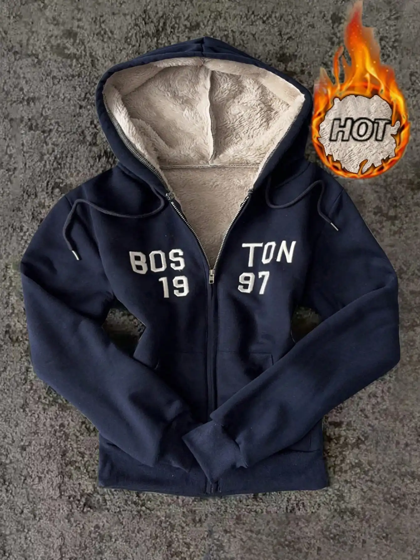 

Navy Blue Fleece Lined Zip-Up Hoodie with Embroidered Letter Design