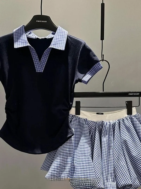 

Korean Blue Plaid Color Block Neck Short Sleeve T-Shirt Half Skirt Two Piece Set Women Summer Small Size Complete Outfit