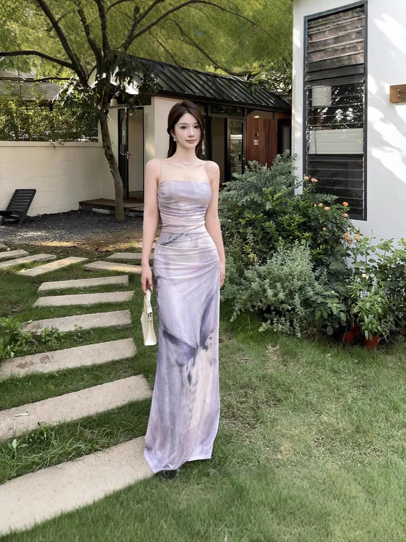 Vestido Midi ajustado de malla púrpura con estampado de mariposa, Sexy, de cintura alta, ajustado, para vacaciones en la playa, vestido de noche de longitud media Praty