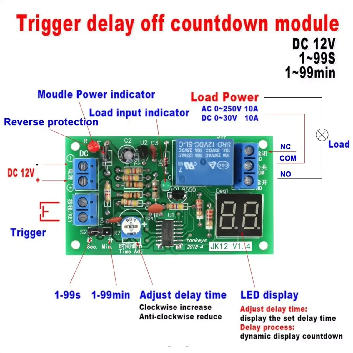 (A03R) DC12V LED Display Countdown Timing Timer Delay Turn OFF Relay Switch Module