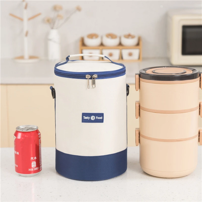 Large Capacity Portable Lunch Bag Fresh-Keeping Cylindrical Insulated Lunch Box Tote Round Aluminum Foil Food Thermal Cooler Bag