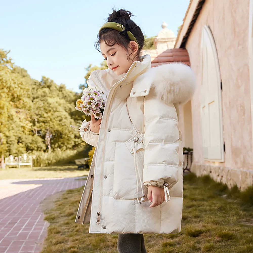 -30 Degrees Girl Down Jacket Winter New Thicker 90% White Duck Down Coat Large Fur Collar Warm Puffer Jackets Parka 5-12Y