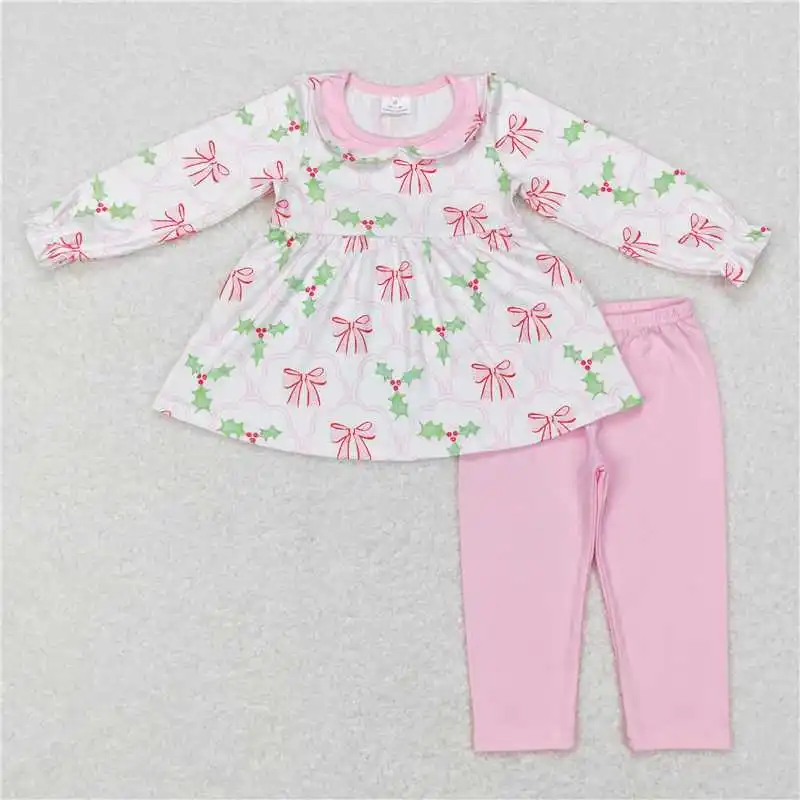 New Fashion Baby Girls White  Pajama Set With cColorful Bow Pattern Set Wholesale Boutique Kid Clothes Long Sleeve Pants Set