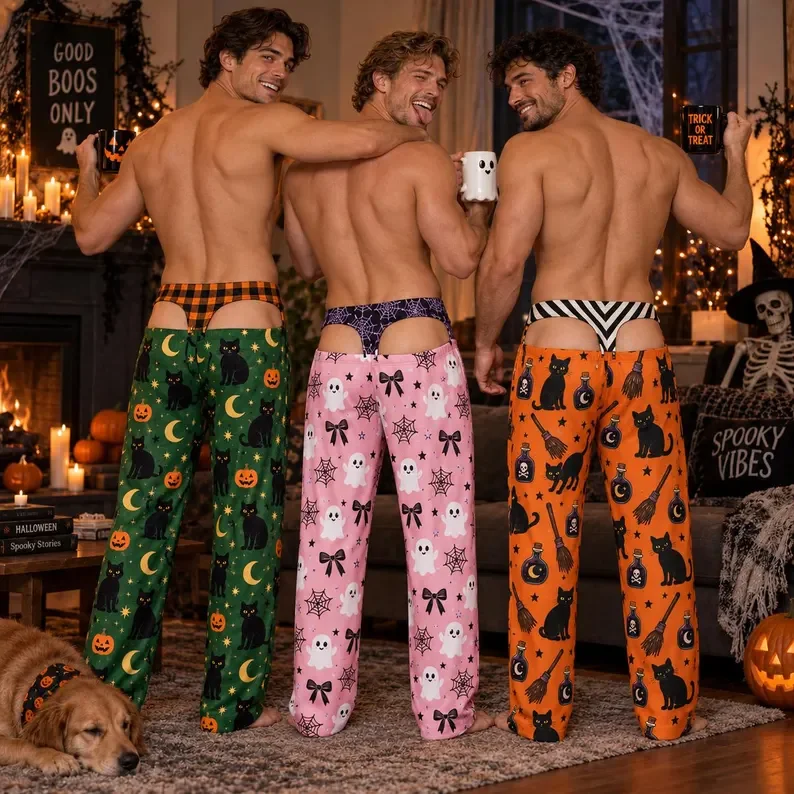 Fun Men's Halloween Pink Ghost Bow Spider Web Full Screen Printed Hip Flip Cover Holiday Horror Fun Novelty Party Pants