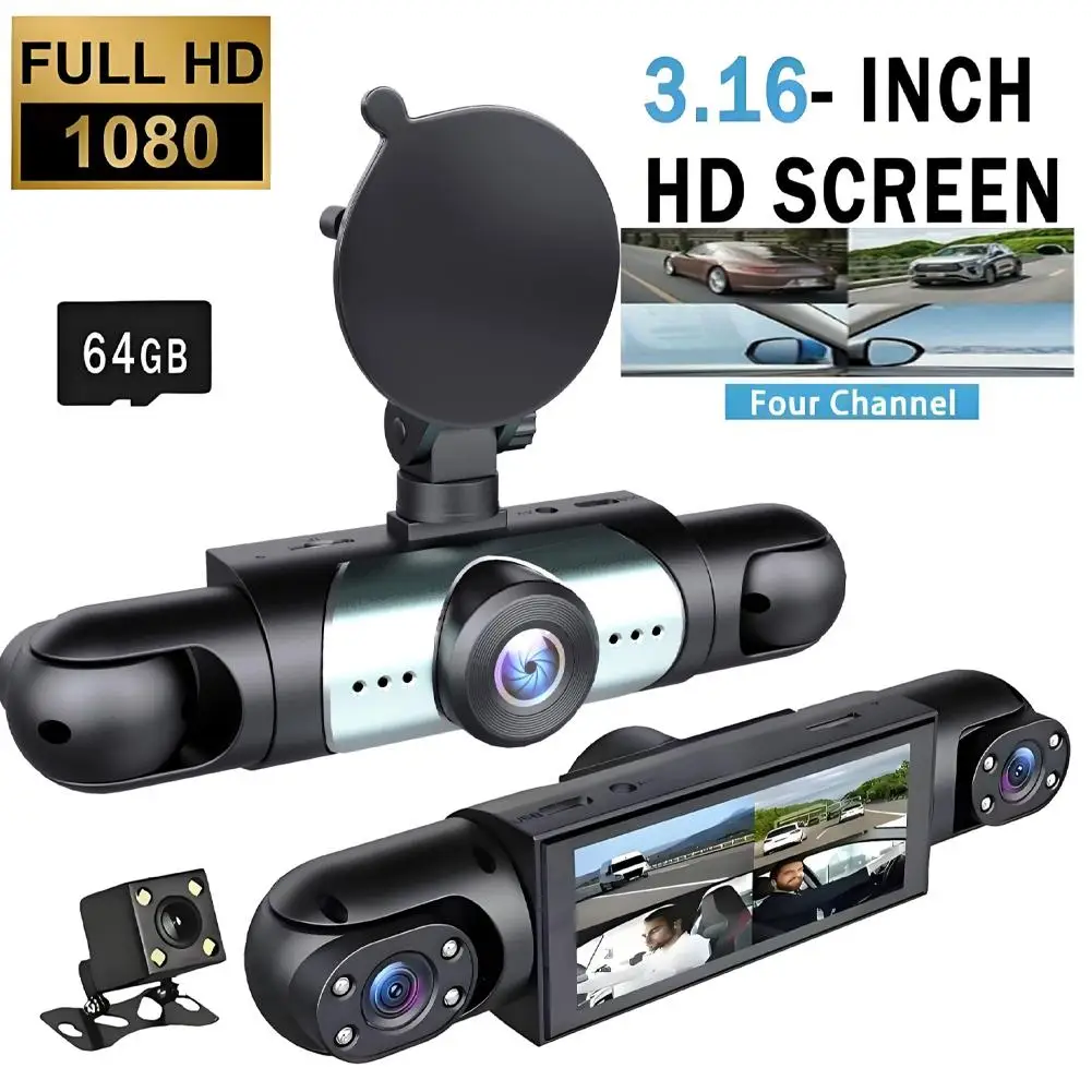 4 Channel Dash Cam 360° View 1080P 64GB Driving Recorder View Mode Car Recording, Full Loop 24H System Parking Dashcam L7X9