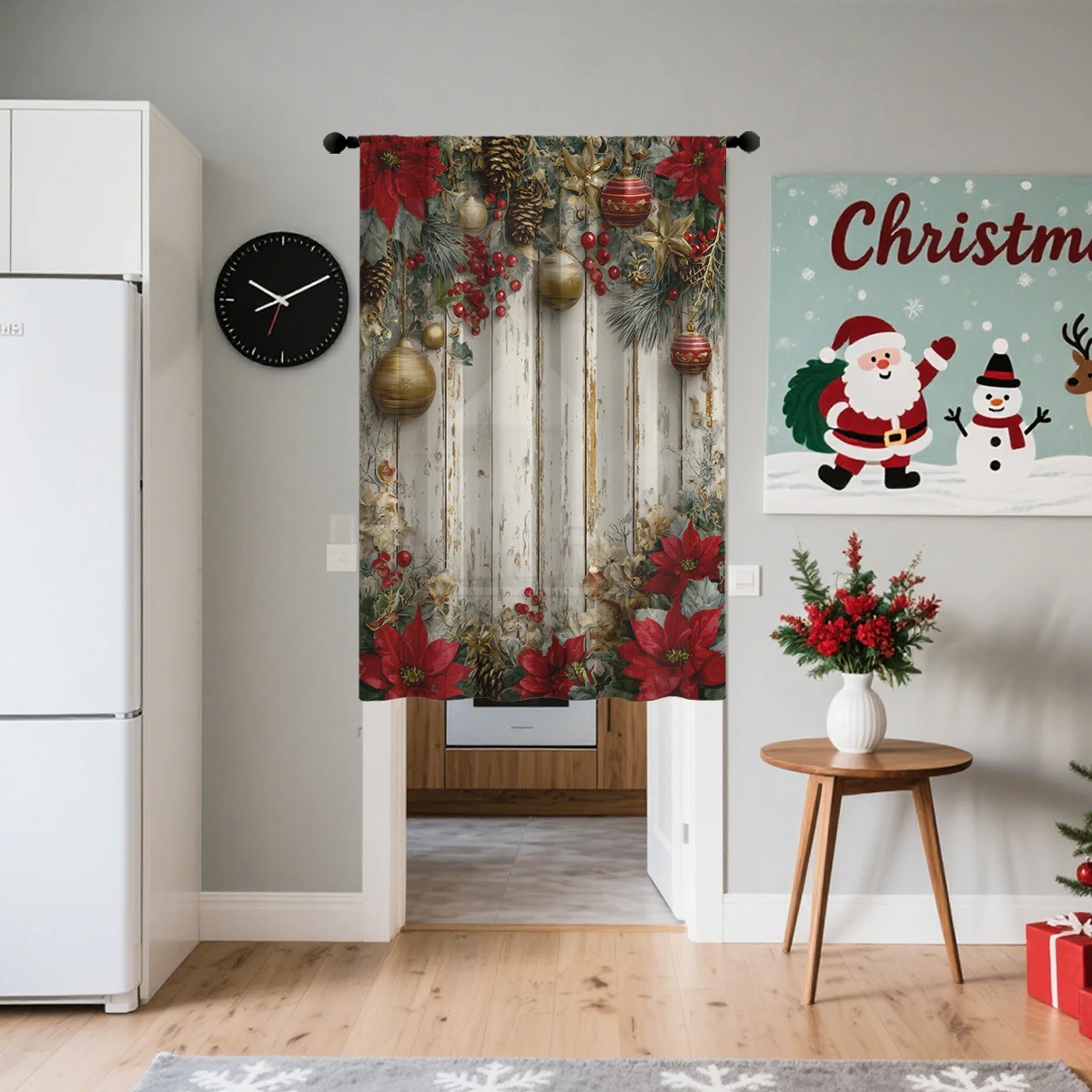 1 Piece Christmas Door Curtain - Polyester Rod Pocket Curtain with Wooden Background and Christmas Ornament Ball Pine Branch Print, Suitable for Living Room, Bedroom, Home and Office, Machine Washable Holiday Decoration, New Year Party Winter Decoration, Multi-Layered Durable Material, Holiday Design, First Choice for Gifts