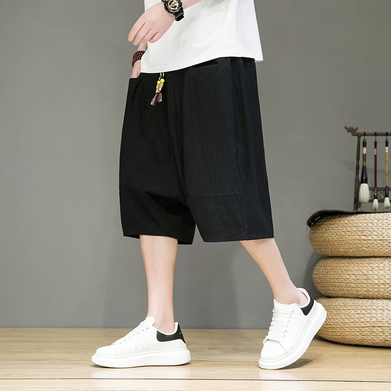 2024 New Summer Men Harajuku Harem Shorts Retro Chinese Style Cotton Linen Short Joggers Man Solid Loose Large SizeTrousers