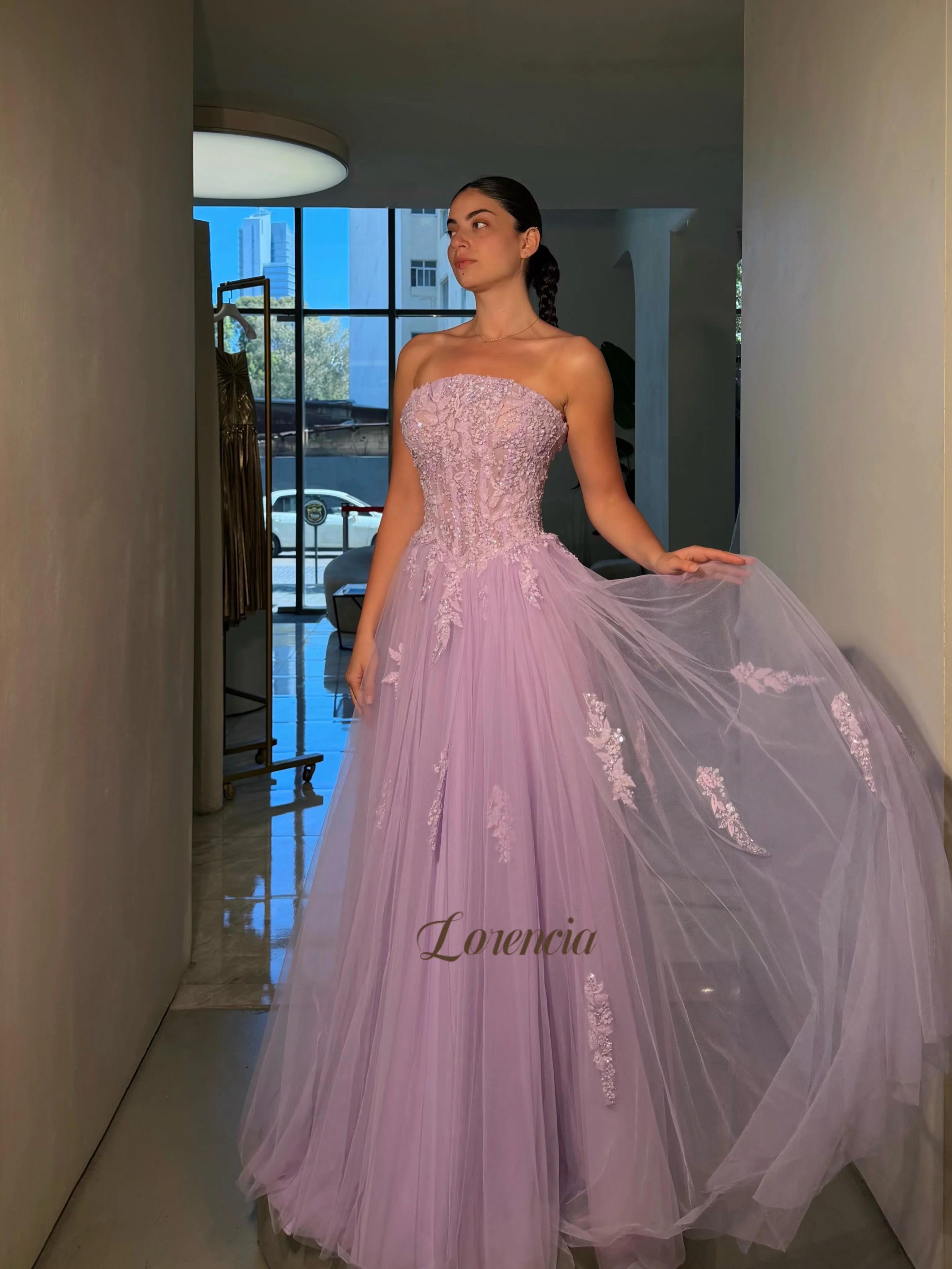 Lorencia Lavender Tulle Long Prom Dresses Strapless Appliqued Corset Basque Waist A-Line Wedding Party Dresses Customized image 3