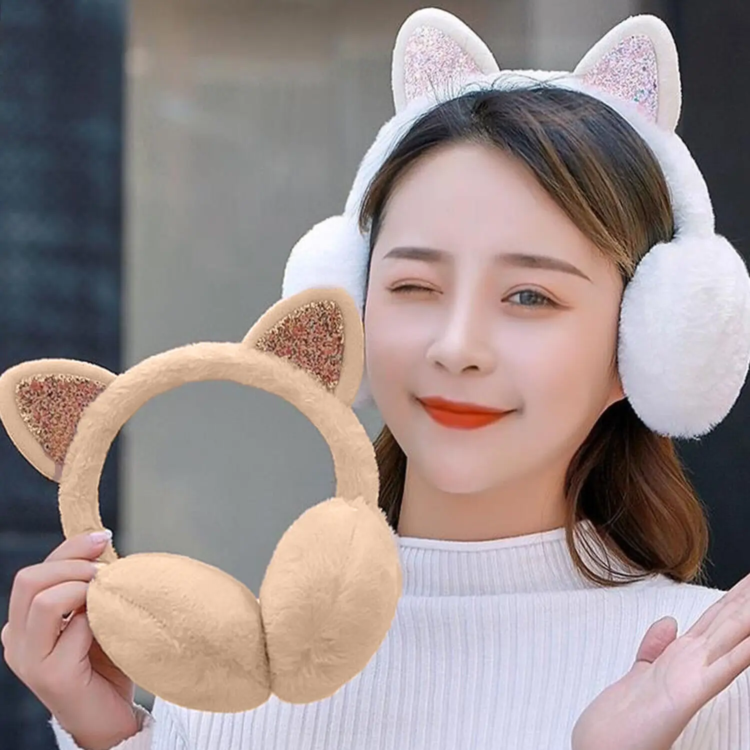 Soft Plush Cat Ear Earmuffs para mulheres e crianças, tampa de orelha dobrável, protetor de orelha grossa, proteção fria, quente, ao ar livre, inverno