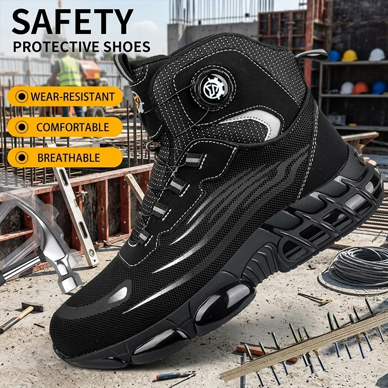 High Top Mesh Upper TPU Sole Rotary Buckle Steel Cap Puncture Resistant Shockproof Work Shoes Unisex for  Safety shoes