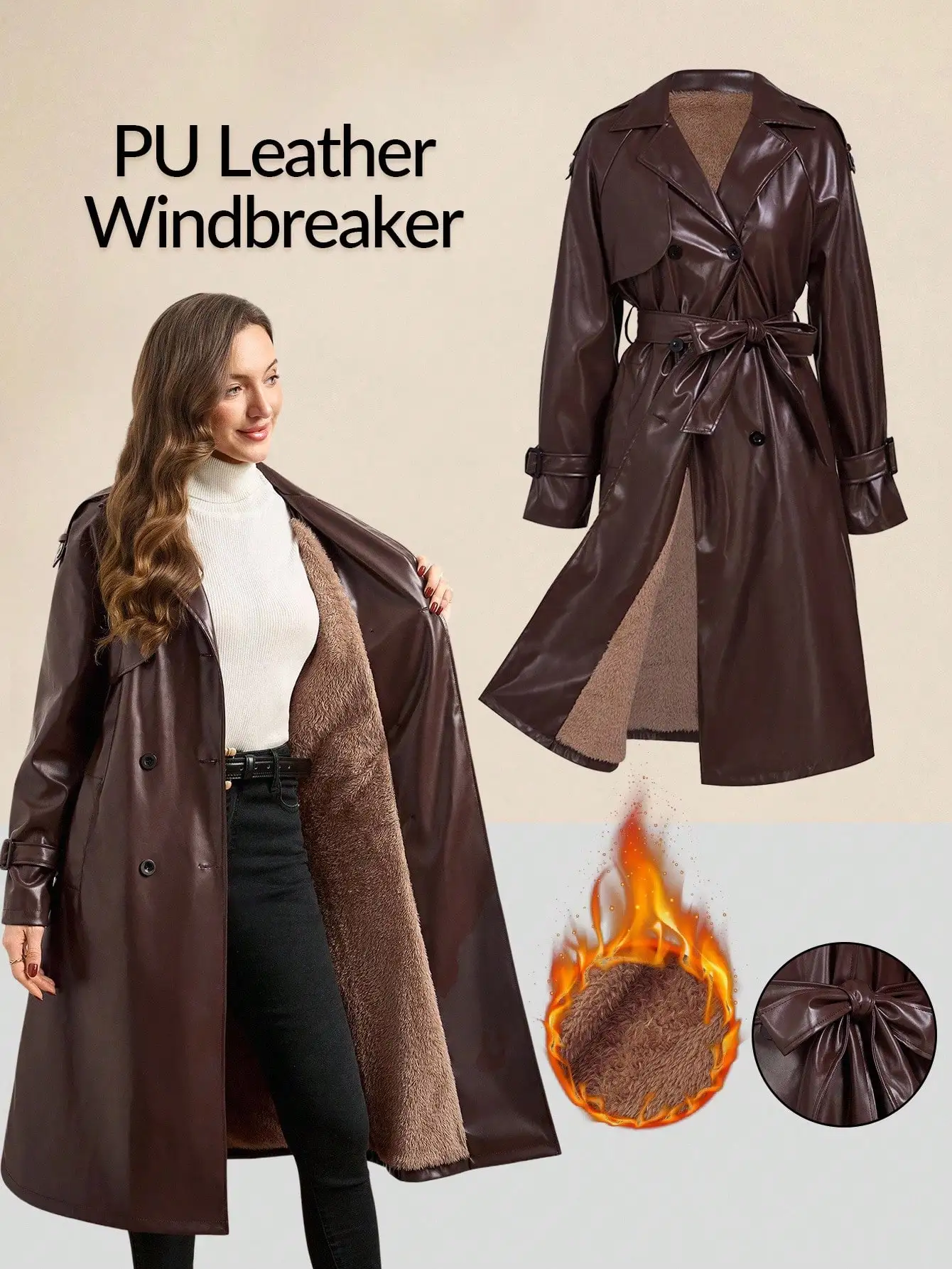 معطف طويل نسائي من الجلد الصناعي مع بطانة من الفرو الصناعي، خصر مربوط، سترة واقية من الرياح دافئة للشتاء