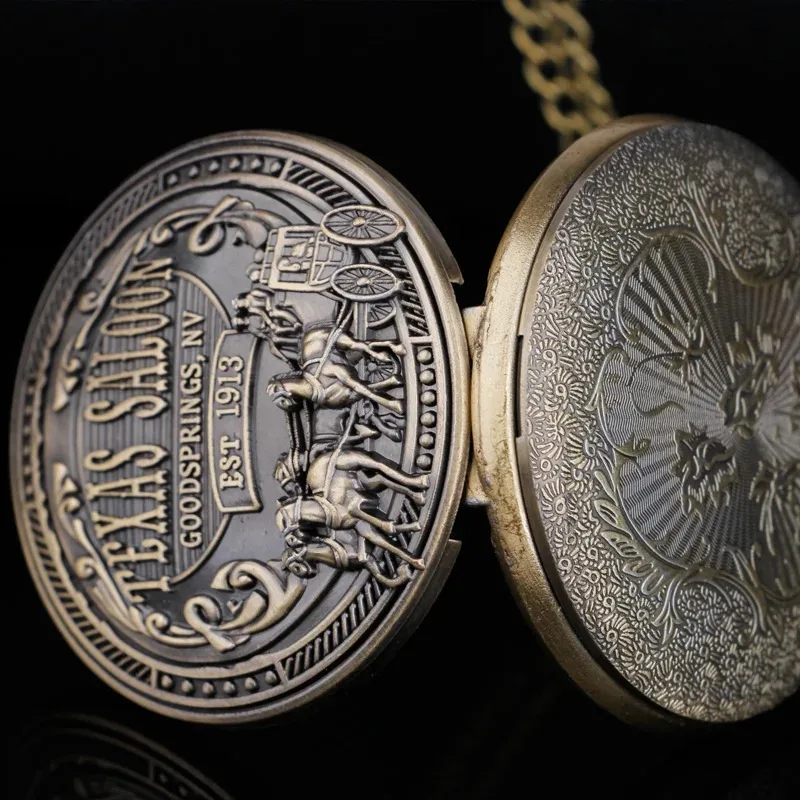 خمر 1913 النمط الغربي عربة تنقش ساعة جيب كوارتز Steampunk من البرونز قلادة الرومانية الرقمية الهاتفي قلادة عملية