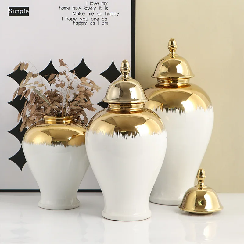 

White gold-plated jar, ceramic general jar, living room home decor, homestay decoration, light luxury vase decoration