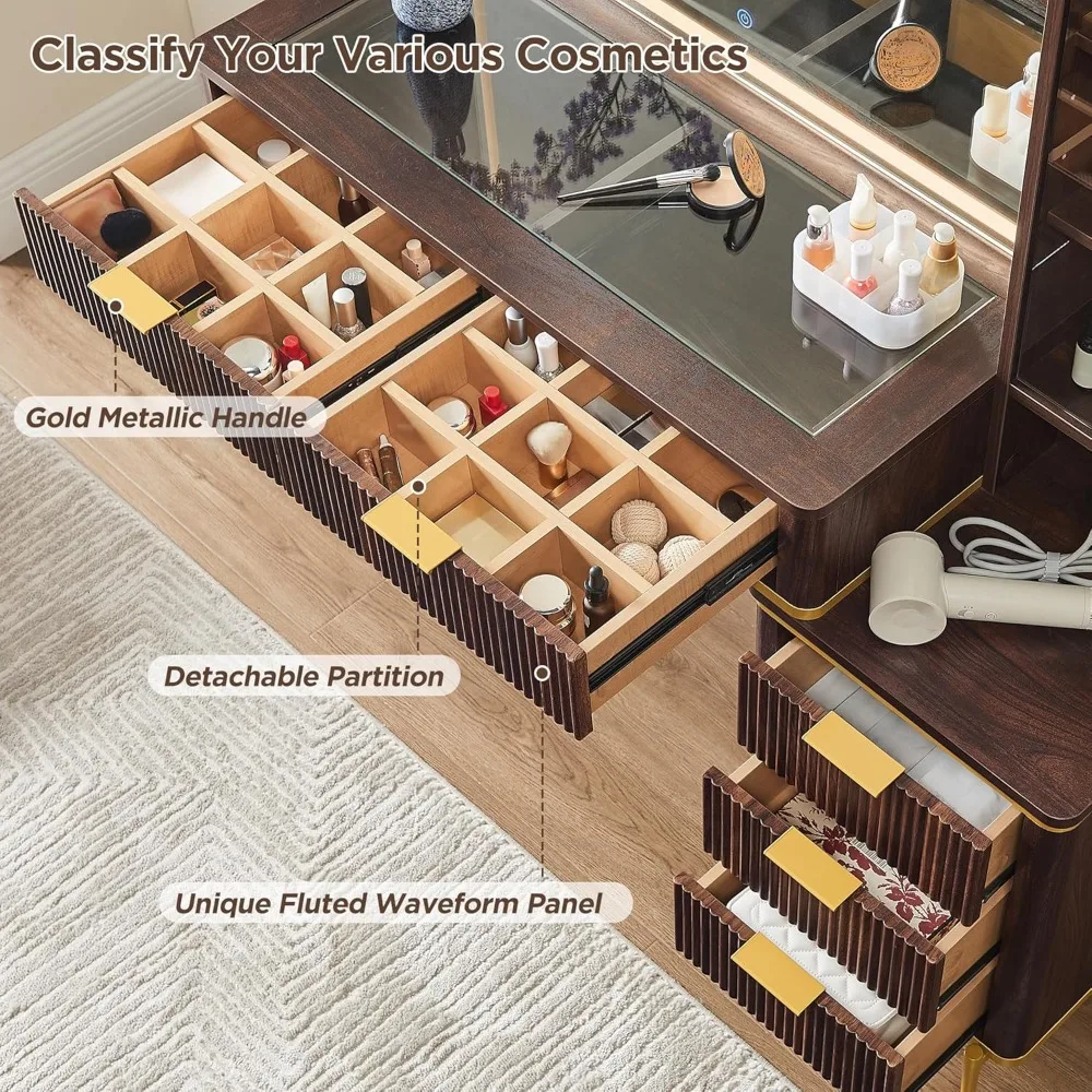 Mesa de maquiagem canelada moderna de 48 polegadas com espelho e luzes iluminadas HD de 36 polegadas