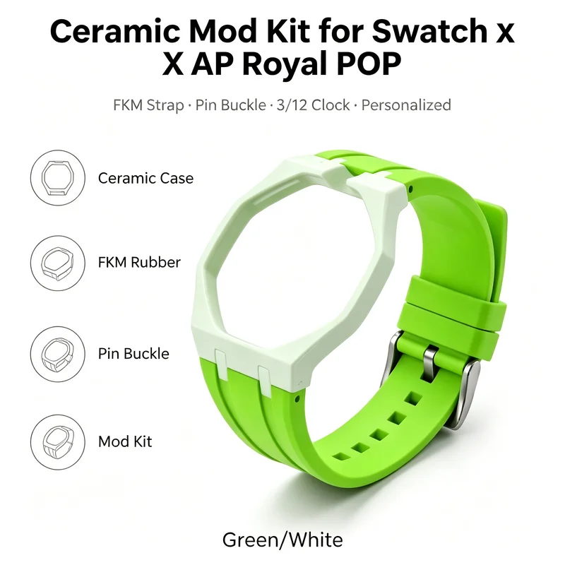 Premium Ceramic Case FKM Rubber Mod Kit for Swatch AP Royal POP Pin Buckle 3/12 Clock Green White Men Personalized Accessories