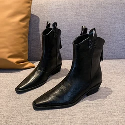 Jesień/zima kobiety czarne brązowe skórzane buty zachodnie buty damskie szpiczasty nosek gruby obcas Chelsea Boots Retro botki