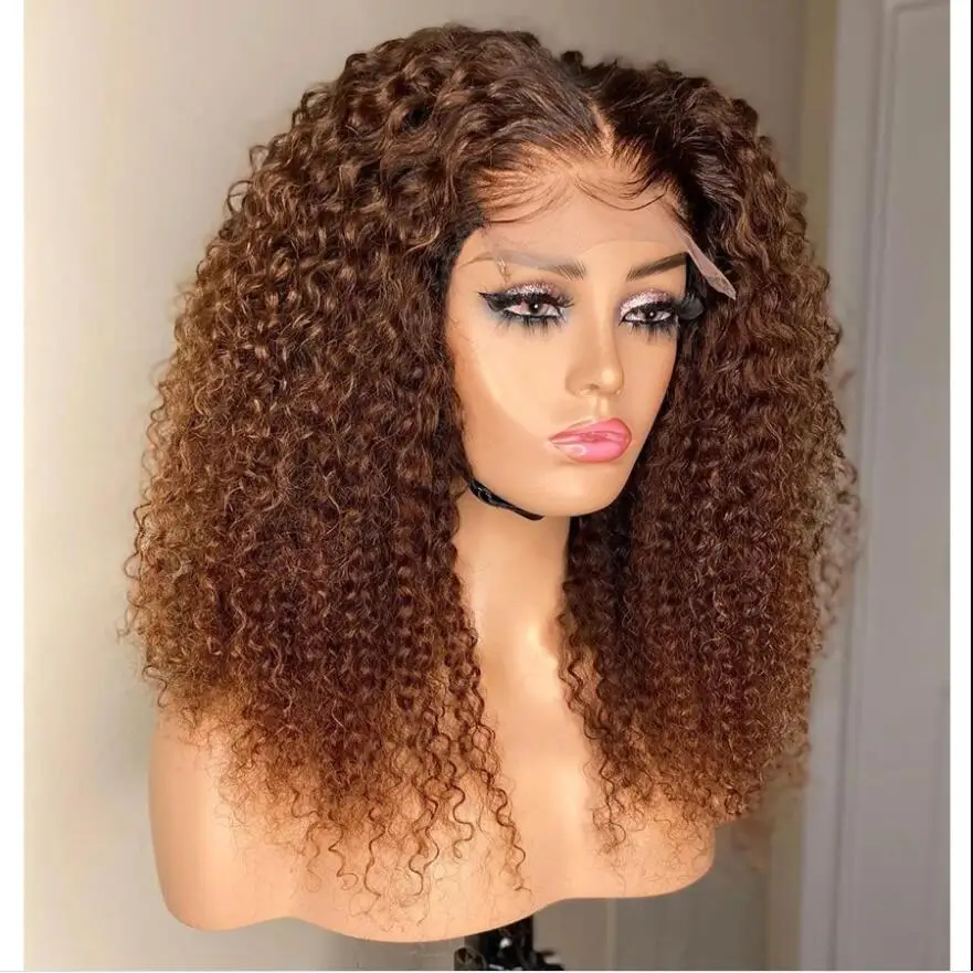 Perruque Lace Front Wig crépue bouclée sans colle pour femmes noires, cheveux naturels, cheveux de bébé, préplumés, marron, densité 180, 26 po, degré de chaleur, 03/Wigs