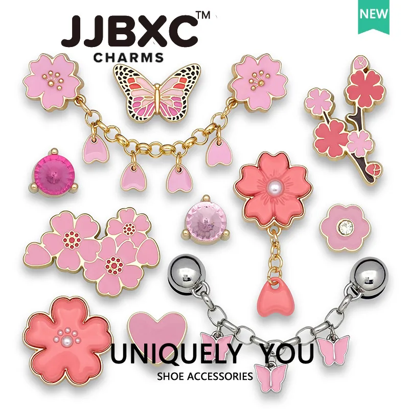 

Metal JJBXC charm Shoe Accessories Pink Alloy Cherry Blossom Butterfly Pendant Pink Diamond diy High Quality Shoes Decorations