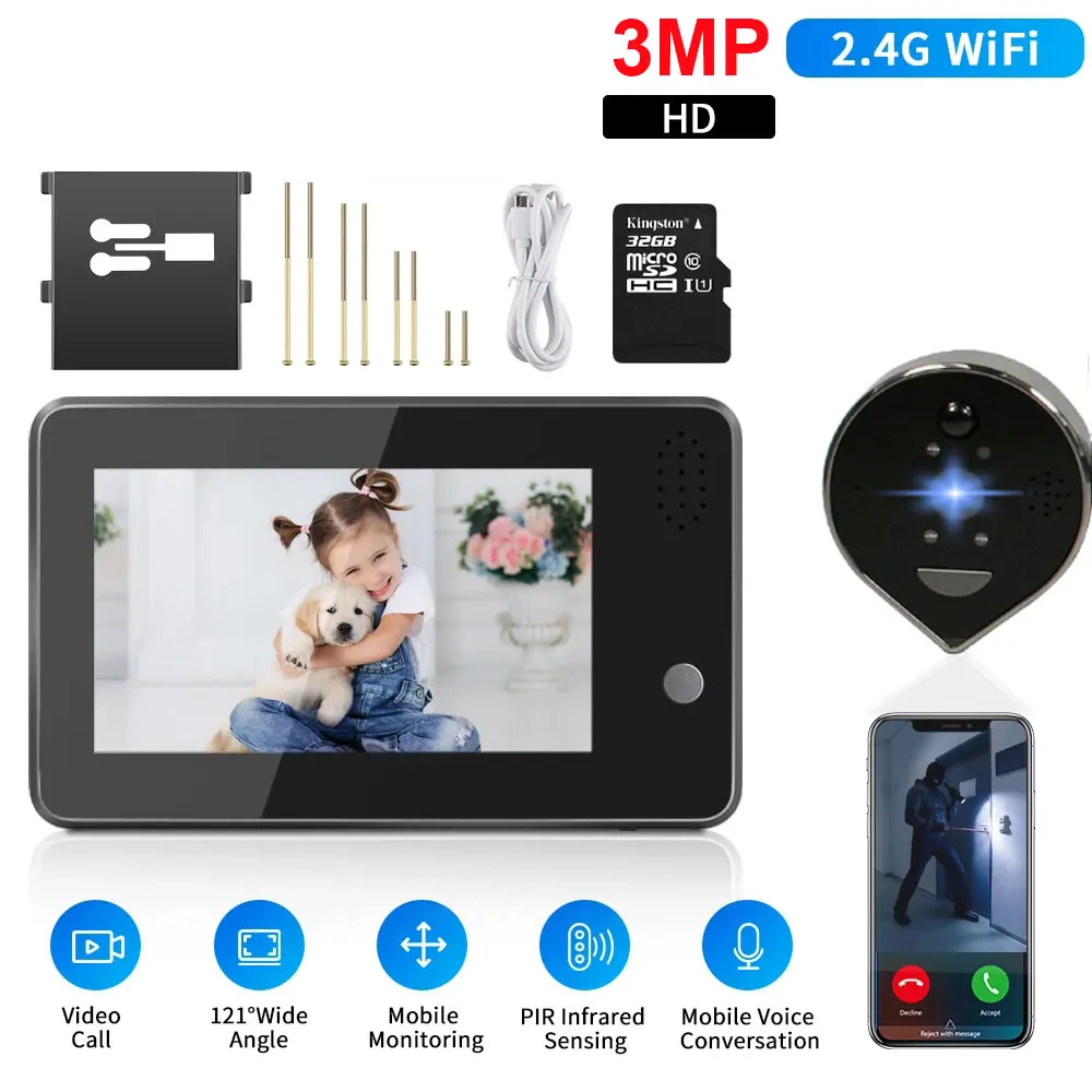 Wi-Fi Video Doorbell Camera, Peephole Eye Door Bell, Casa Inteligente, Tela IPS HD, Noite PIR Chamada Sem Fio, 2 Way Talk, 3MP, 4,3\