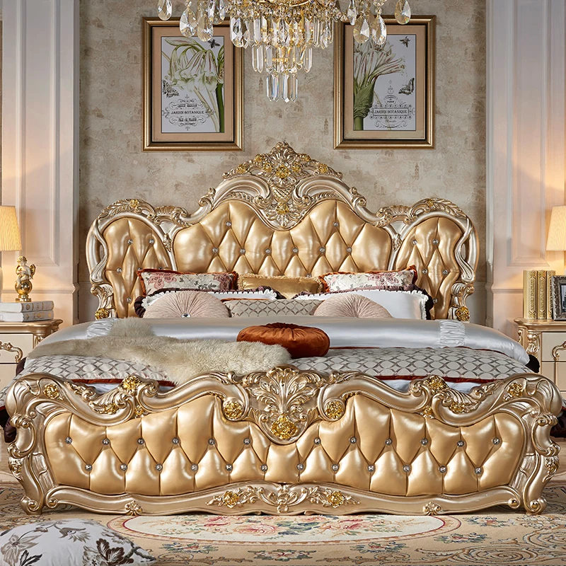 

European Luxury Gold Double Bed King Size Designer Solid Wood Villa Bed Adults Modern Comferter Cama Matrimonial Bedroom Set