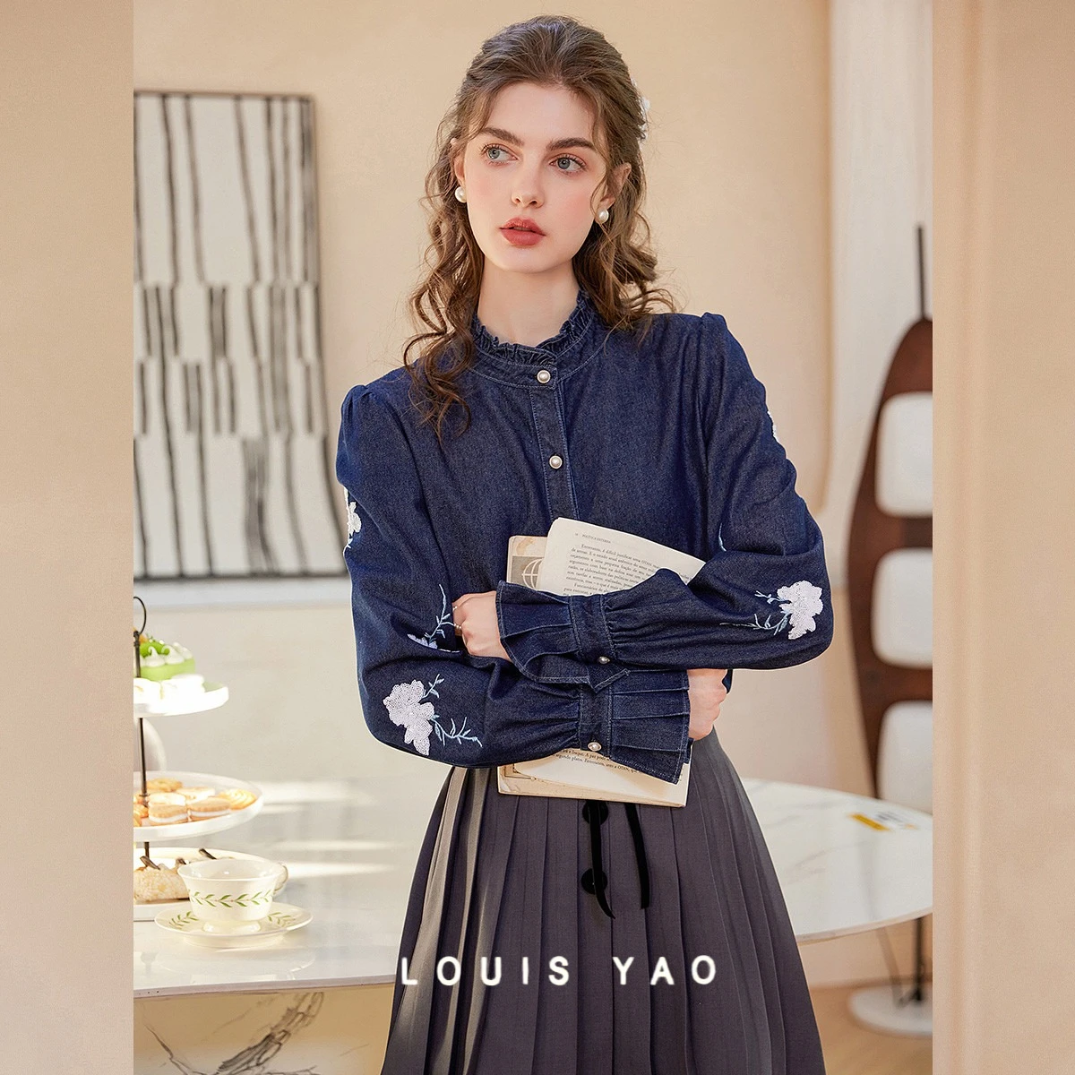 

LOUIS YAO Flounced Edge Women's Denim Shirt 2025 Spring Jeans Tops Round Neck Embroidery Pinched Cuffs Sweet Blouses