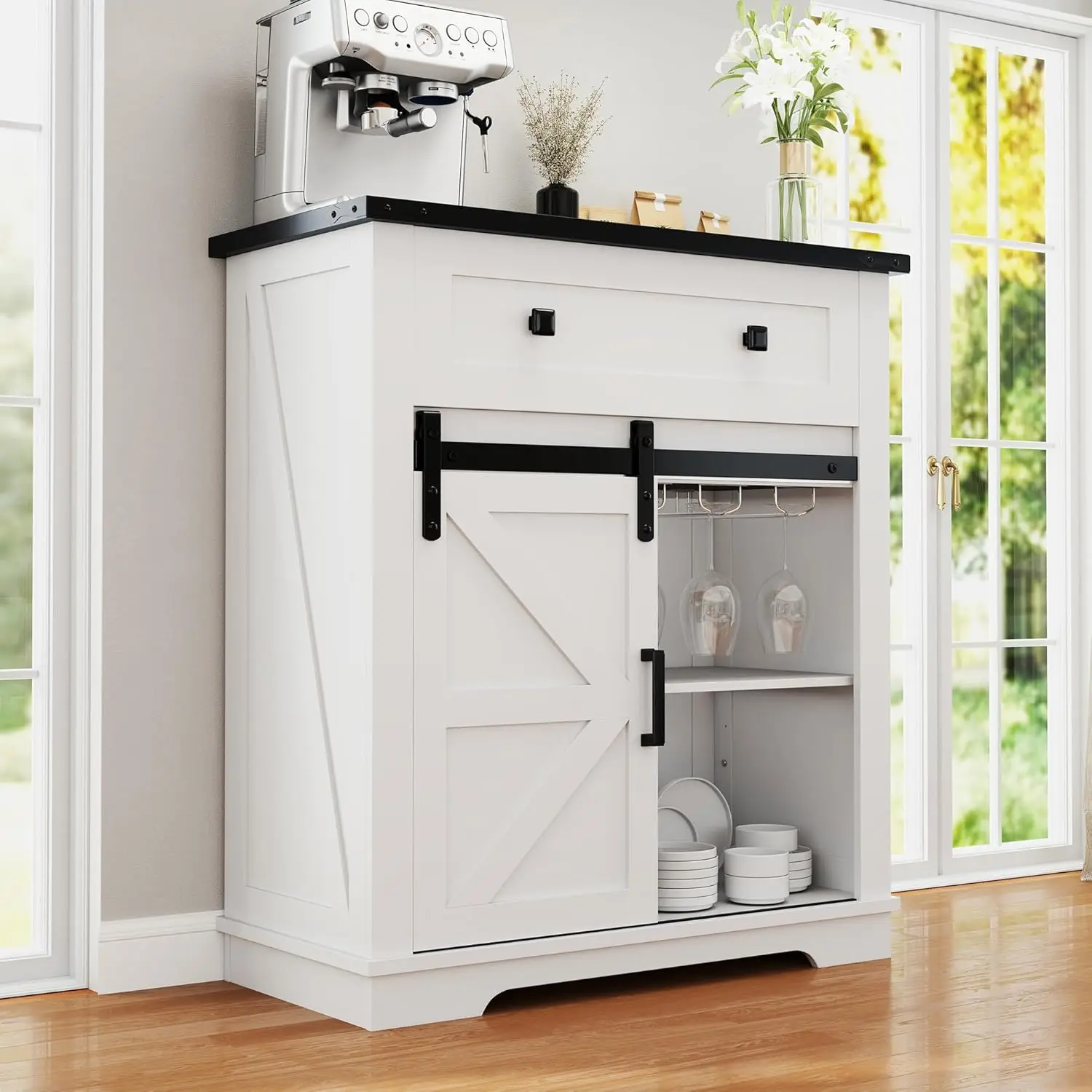 

32" Farmhouse Coffee Bar Cabinet with Sliding Barn Door & Drawers, Buffet Table with Storage, Kitchen Sideboard, Customized