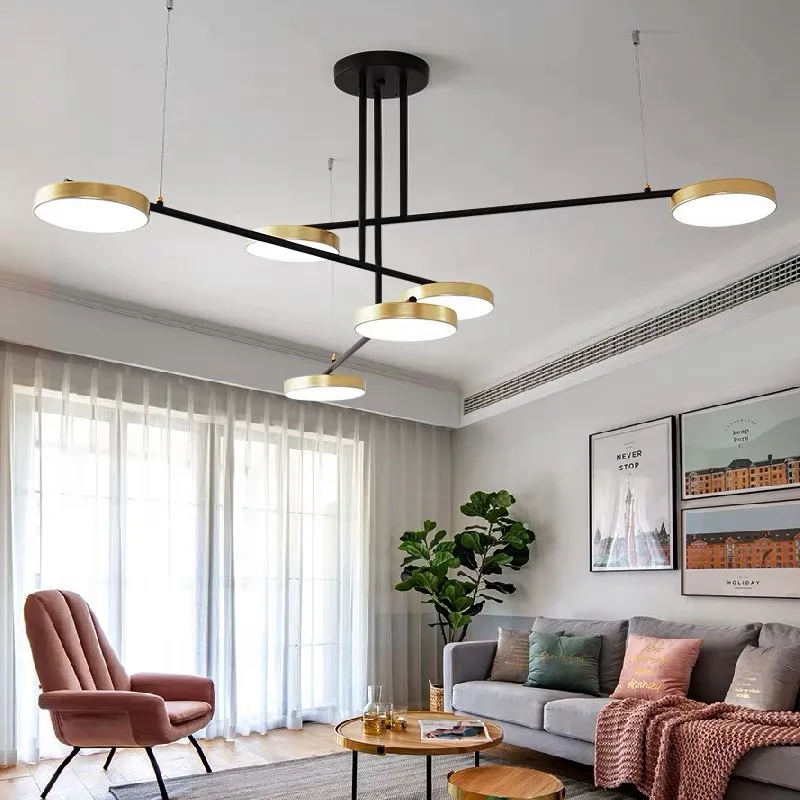 

American Led Ceiling Chandelier With Round Gold Lampshade 3 Lights Dimmable Hanging Lights for Living Room Restaurant
