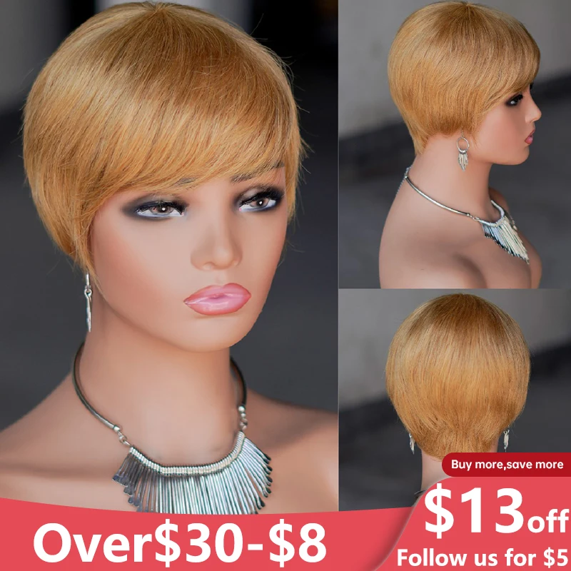 Pixie Cut Human Hair Wig Short Straight Golden Blonde Layered Full Machine Made Wig 100% Remy Human Hair for Black Women Natural