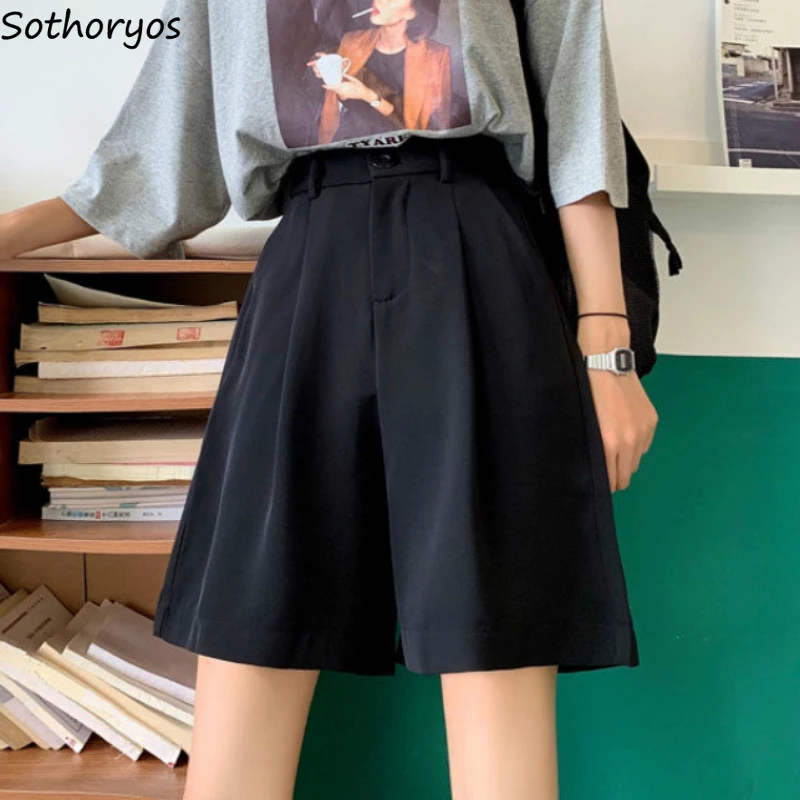 

Black Shorts for Women Simple High Waist Baggy Casual Korean Style Harajuku Lovely Female Knee-length Streetwear Wide Leg Summer