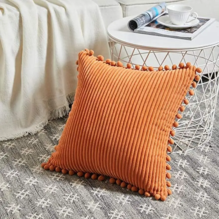 Velvet Pillow Covers with Pom-poms Fall Throw Cushion Cover Solid Decorative Pillows for Sofa Orange 45x45 30x50 Cushion Case