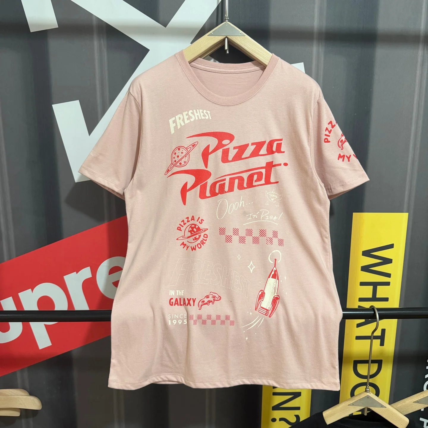 Casual Loose Short Sleeve round Neck Toy Story Pizza Planet Printed T-Shirt Unisex Breathable Lightweight Cotton Polyester