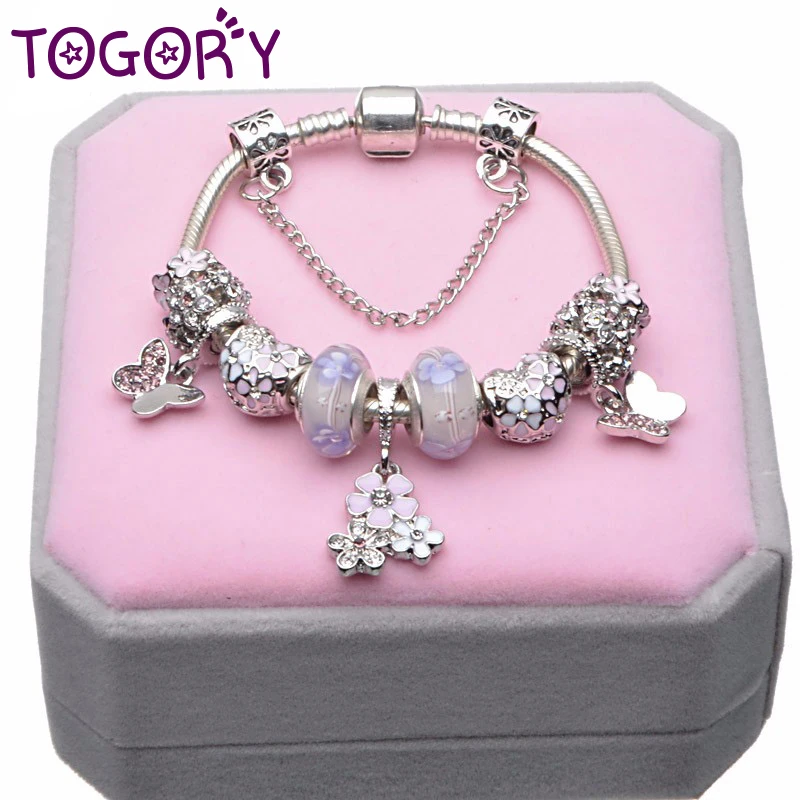 TOGORY Silver Color Snake Chain Charm Bracelet With Flowers & Butterfly Pendant Fine Bracelet For Women Children Girls Jewelry