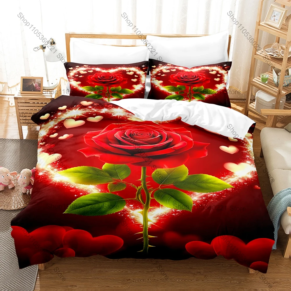 Kawaii Red Rose Love Three Piece Bedding Set Luxury Comforter Set with Queen King Size Cool Two household goods Anime autumn 2