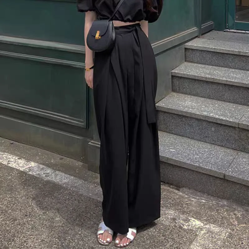 Korean Chic All-Match High Waist Pleat Asymmetric Bandage Design Drape Wide Leg Floor-Length Pants Women's Trousers