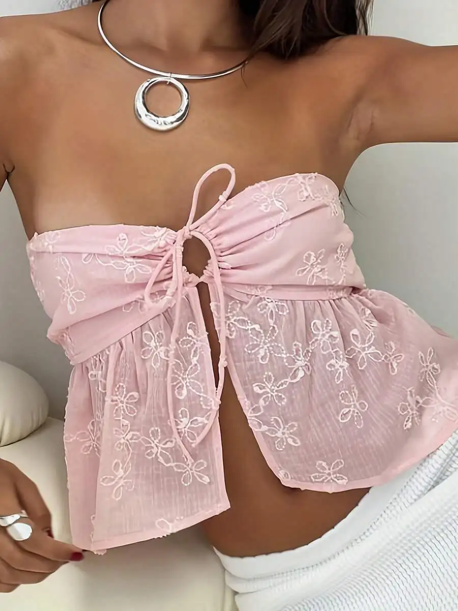 

Women Strapless Floral Embroidery Bandeau Top With Tie Front Split Hem Summer Casual Tank