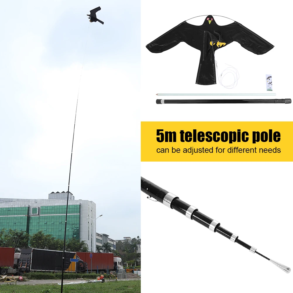 Extendable Bird Repeller Scarer Flying Hawk Kite with 7m Telescopic Pole