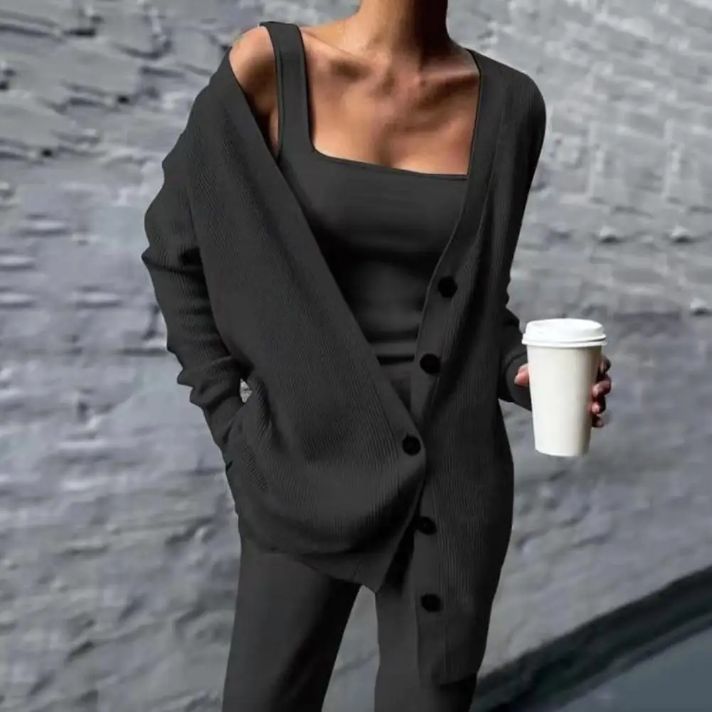 Autumn Winter Solid Knitted Sweater 3pcs Women Outfits Off Shoulder Top Cardigan And Long Pants Suit Sexy Button Office Lady Set