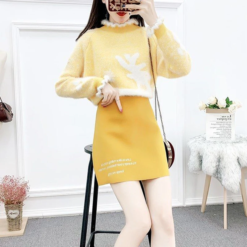 Outono feminino casual conjunto de duas peças elegante e versátil design sentido pulôver camisola cor sólida meio corpo saia conjunto
