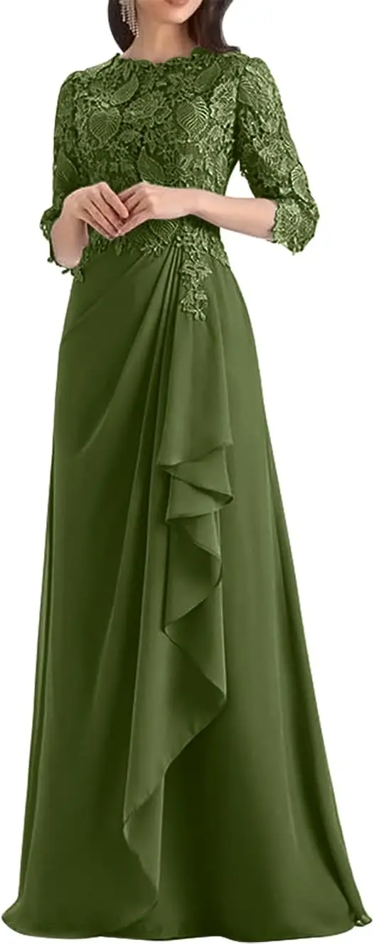 ชุดแม่เจ้าสาว ผ้าชีฟองจับจีบ แขนยาว คอทรงกลม แต่งลูกไม้ สง่างาม ดูดี มีระดับ ชุดราตรี ชุดออกงานสำหรับคุณแม่