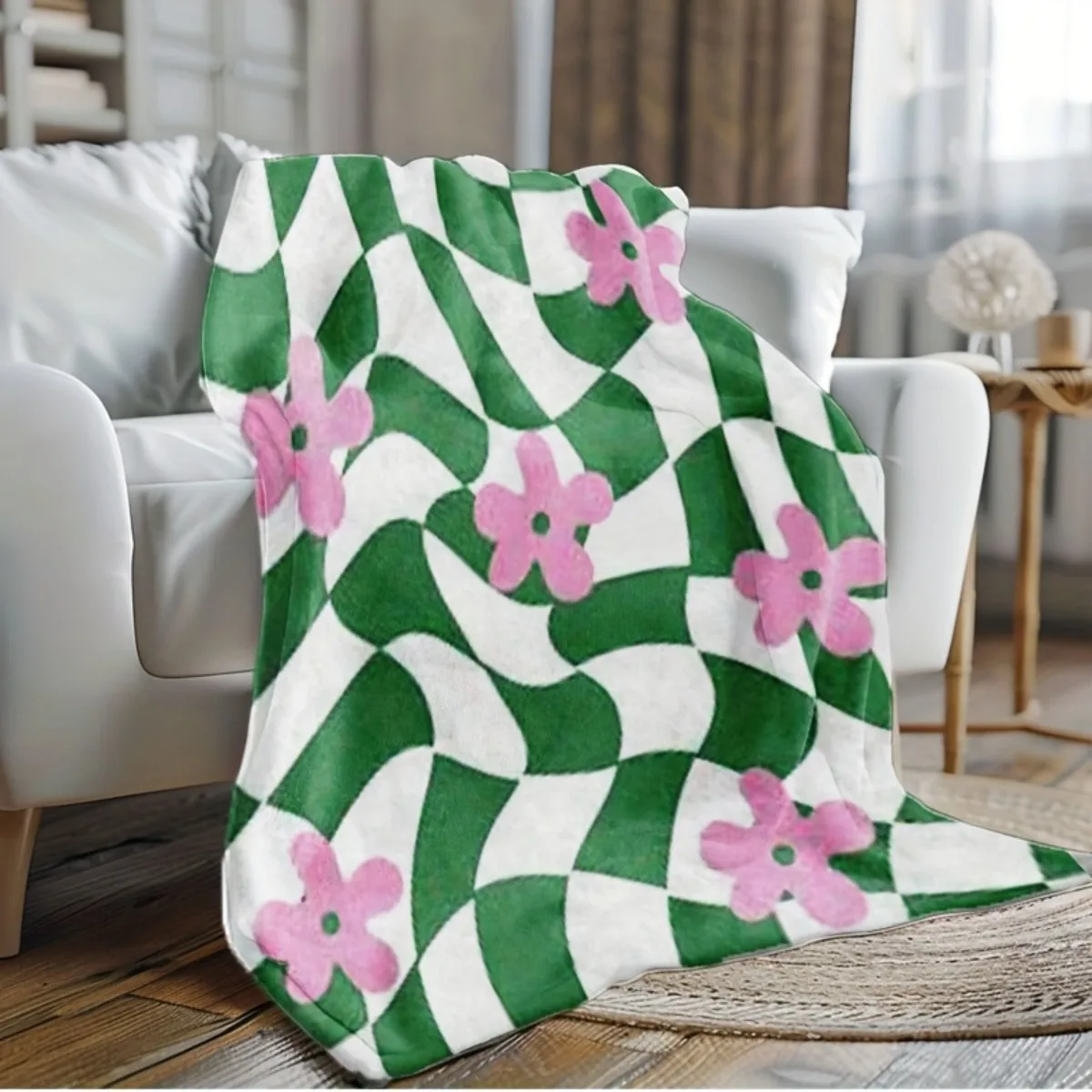 Retro Twisted Green White Checkerboard With Pink Flowers Print Flannel Warm Blanket For Bedroom Sofa Camping Daily Home Use