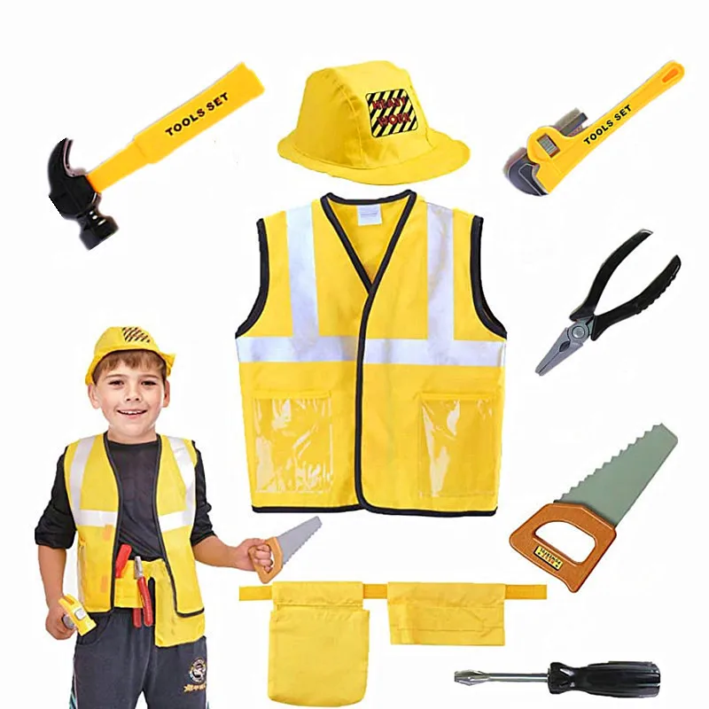 Toddler Construction Worker Vest Costume, Worker 5 Piece Playset, Yellow Reflective Vest with Tools, Party Dress Up