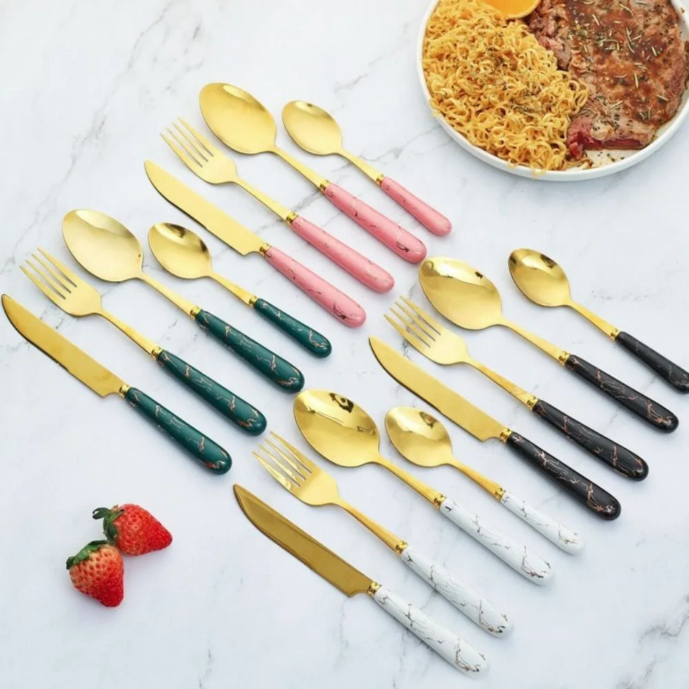 

24pcs Stainless Steel Marbled Tableware Set Nordic Style Mirror Polished Dessert Dinnerware Suit with Storage Rack Flatware Kit