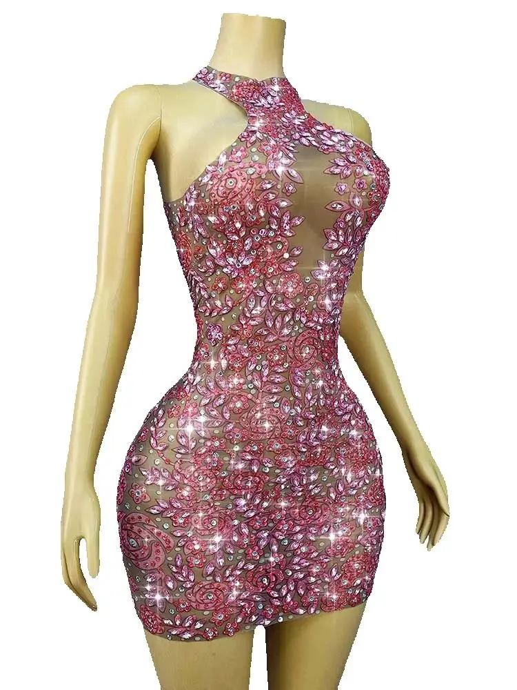 Vestido de malla elástica colgante con cuello Sexy estampado en caliente de alta calidad 2025, nueva moda, ropa personalizada para mujer