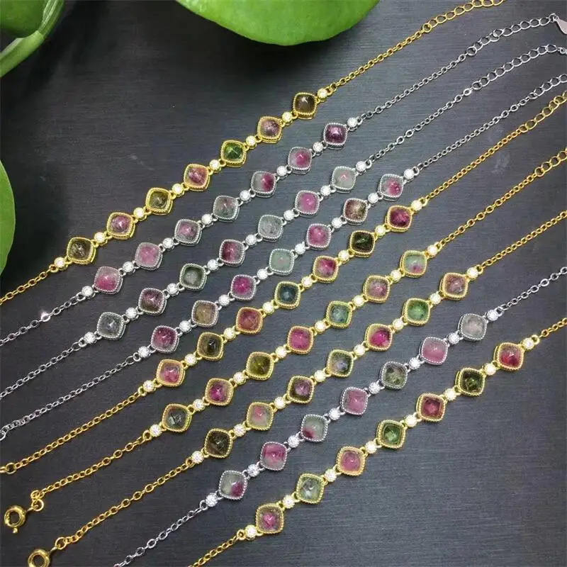 S925 Natural Watermelon Tourmaline Cube Bracelet Crystal Reiki Gemstone Fashion Jewelry Fengshui Women Healing Gift 1pcs