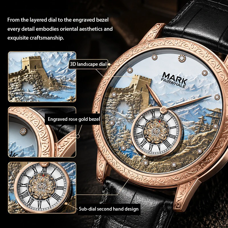 Men's Automatic Great Wall Mechanical Watch Luminous Skeleton Two Hands Small Second Sub Dial 30M Water Resistant 43MM Large Dia