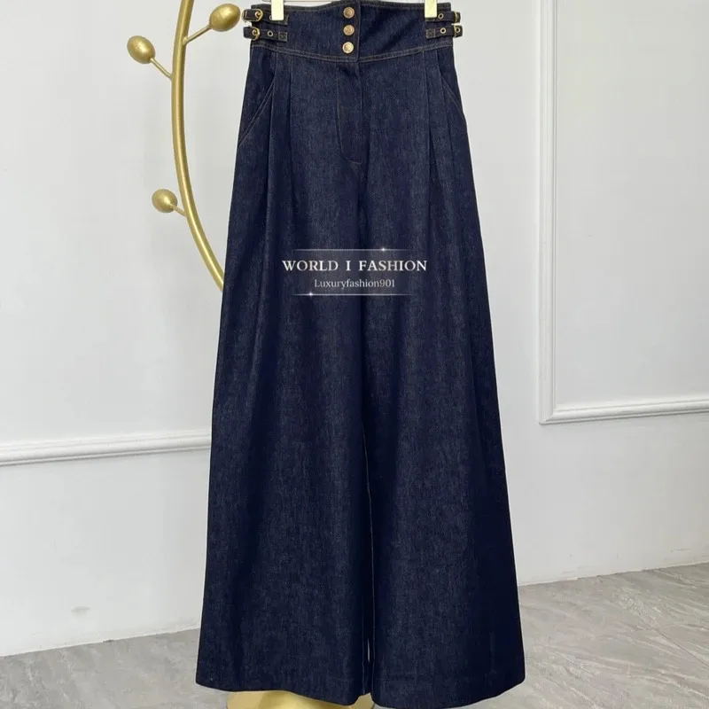 レディースジーンズ 2026 春新作 高品質 ネイビーブルー デニム ワイドレッグパンツ