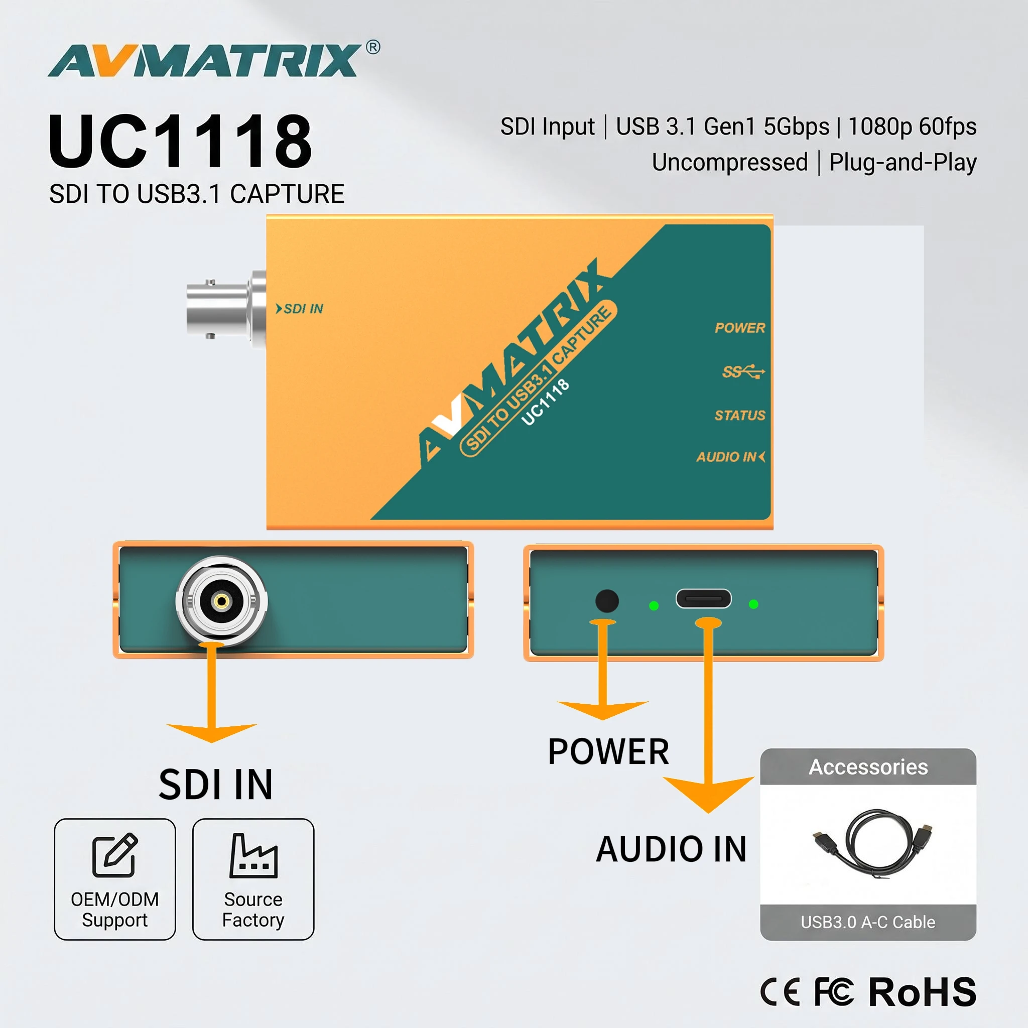 Good AVMATRIX UC1118 SDI to USB 3.1 Video Capture Box 1080p60 Uncompressed SDI Input Plug-and-Play for Live Stream OBS Zoom