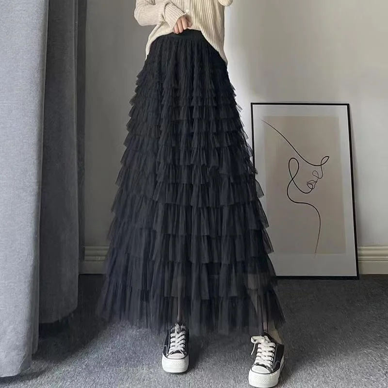 

High Waist Pleat Skirt for Cake, Fairy Gauze Skirt, French Style, Elegant, High Waist, Slimming, Pleat, Long Swing, Solid, Korea