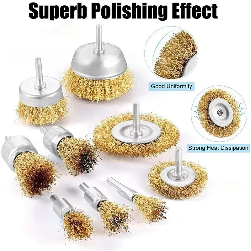 Wire Brush Wheel Cup Set,Steel Wire Brush Brass Plated Wheels Brushes Drill Rotary Tools Metal Rust Removal Polishing Brush