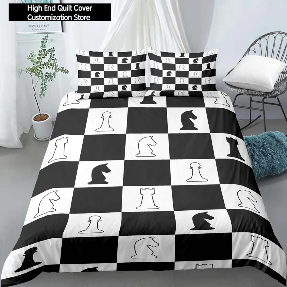 International Chess King Queen Duvet Cover Chess Board Bedding Set Black White Grid Quilt Cover Plaid Polyester Comforter Cover